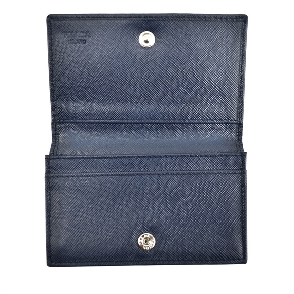PRADA: Navy Blue Saffiano Leather & Logo Wallet r - Picture 7 of 8